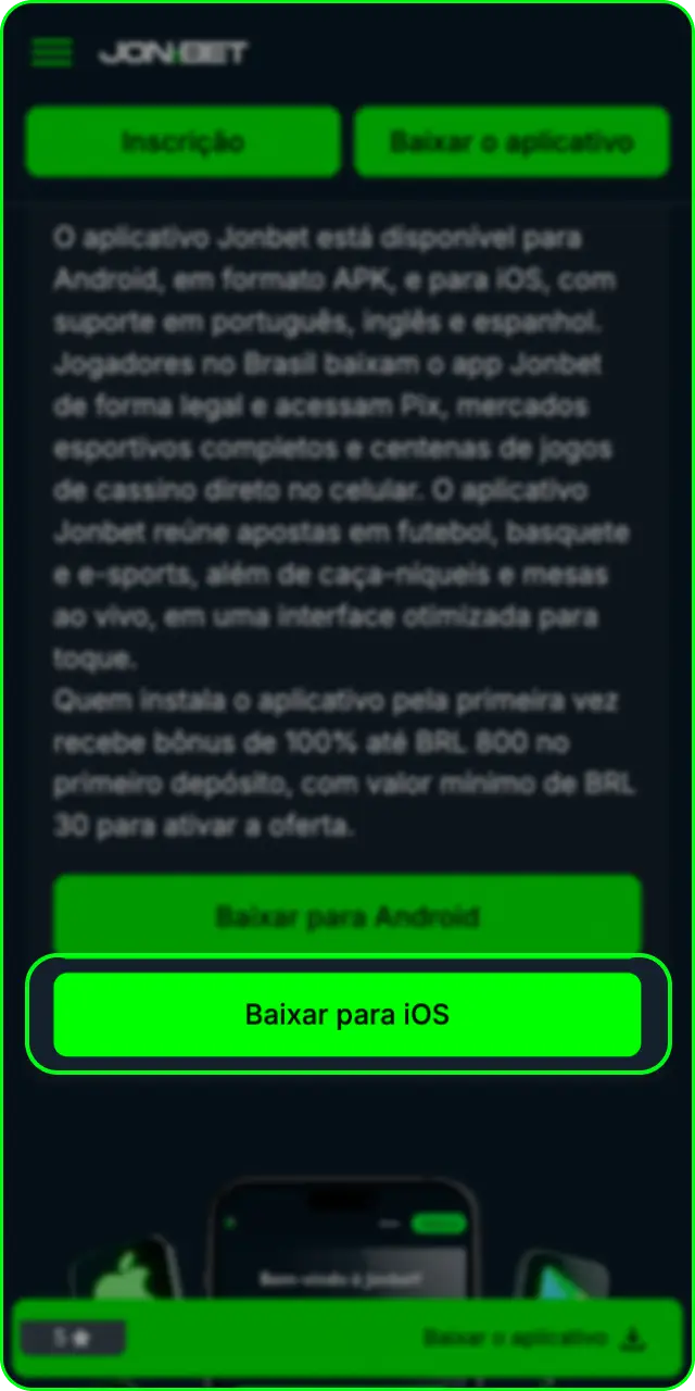 Abra este site pelo Safari no iOS para instalar o aplicativo Jonbet.
