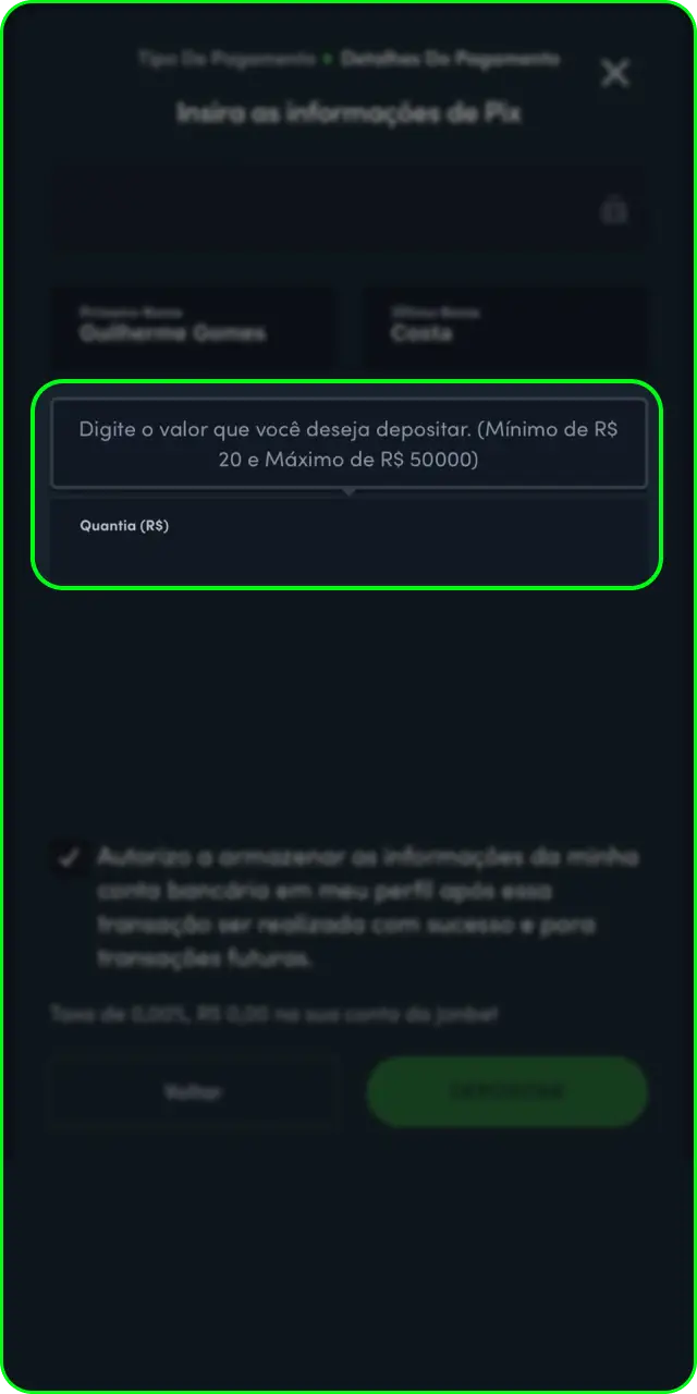 Informe o valor desejado para fazer seu depósito na Jonbet.
