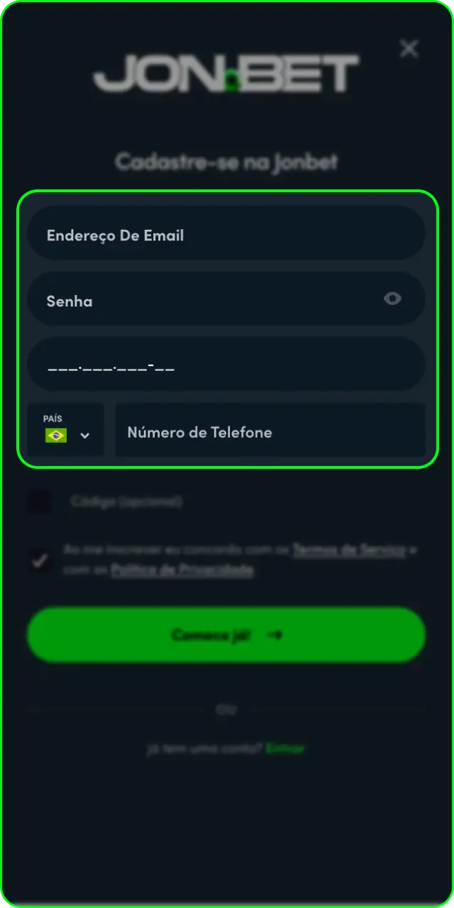 Preencha o formulário com seus dados para se registrar no aplicativo Jonbet.