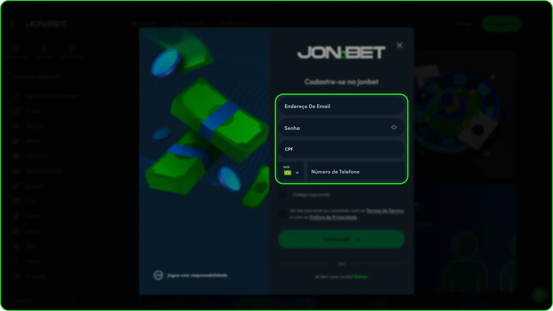 Preencha dados pessoais no processo de como se registrar na Jonbet.