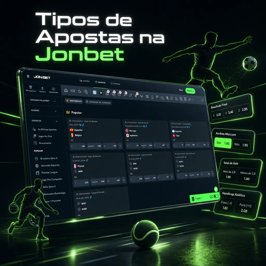 Tipos de apostas esportivas disponíveis na Jonbet, incluindo Moneyline, Handicap Asiático e Over/Under